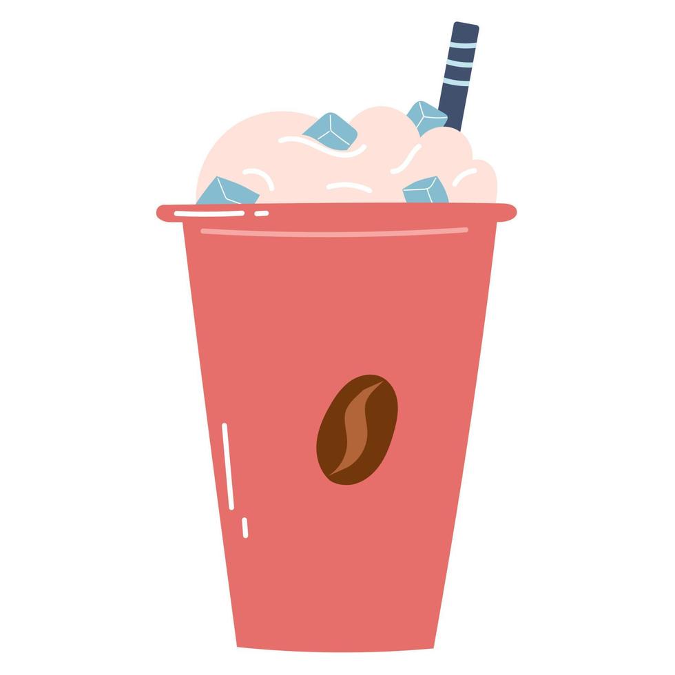 iced kaffe i papper kopp med grädde och sugrör. platt hand dragen vektor illustration av kall dryck, ikon, design element