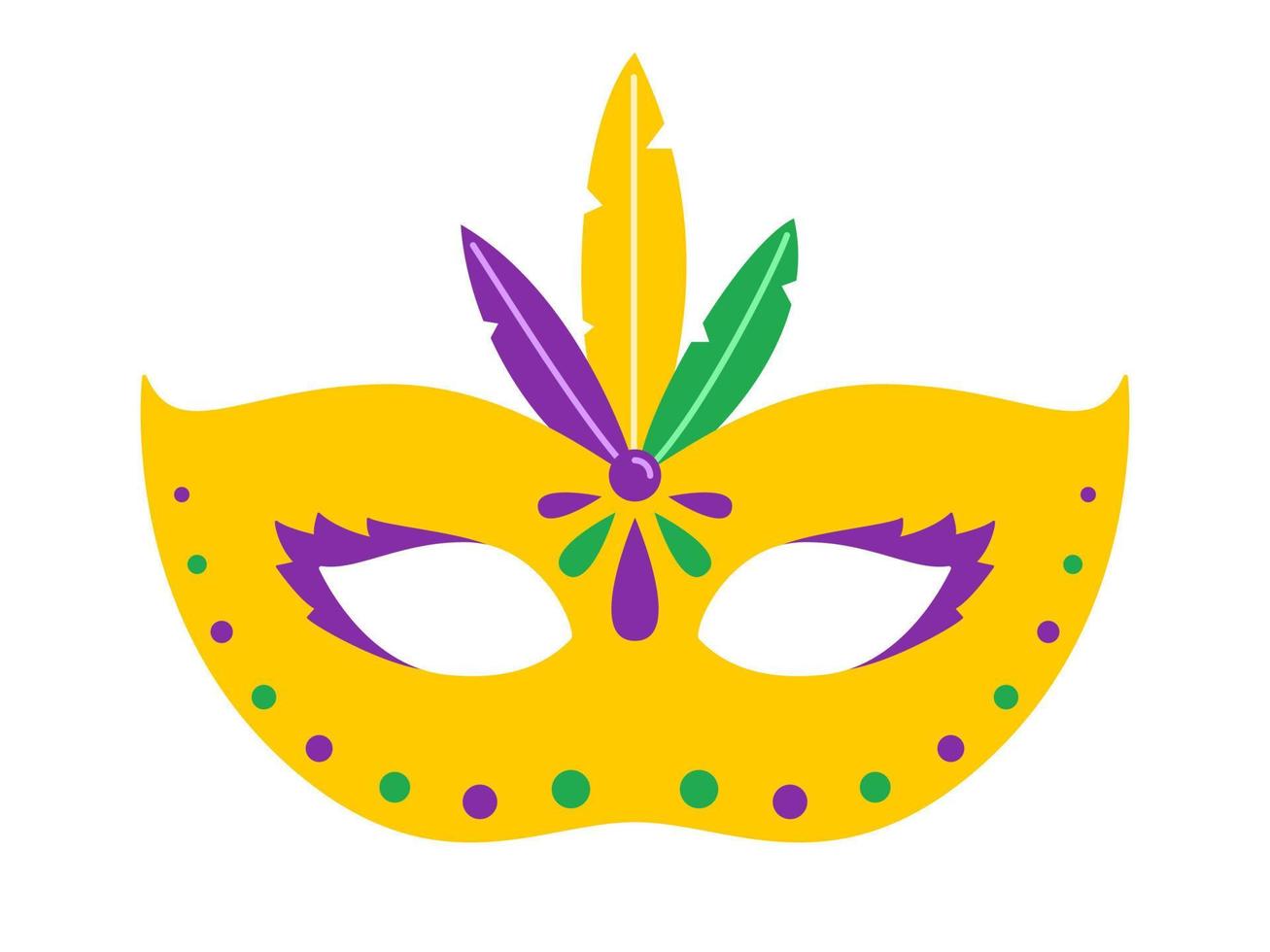 Vektor gelbe Karnevalsmaske. Karnevalsmaske mit Federn. Design für den fetten Dienstag. bunte maskeradeillustration. Karnevalsmaske für traditionelle Feiertage oder Feste.