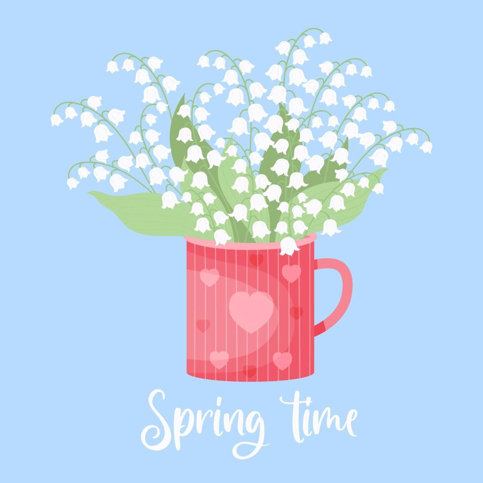 blumenstrauß frühling weiße blumen von maiglöckchen in der tasse. buntes plakat der frühlingszeit. vektorillustration für design, postkarten, dekor und dekoration, druck. vektor