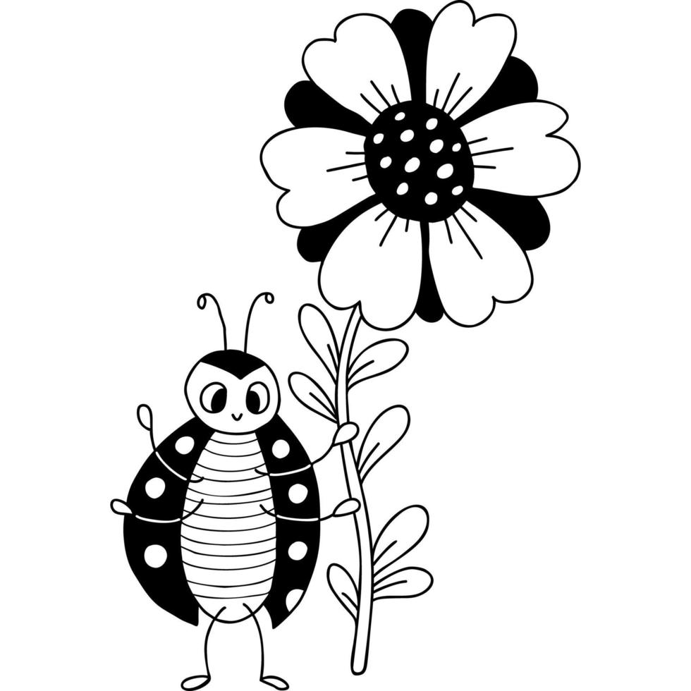 Marienkäfer mit großer Blume. handgezeichnetes Gekritzel vektor