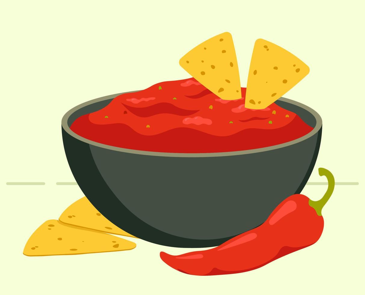 salca sås i de skål med chili peppar och nachos mat vektor illustration i platt stil