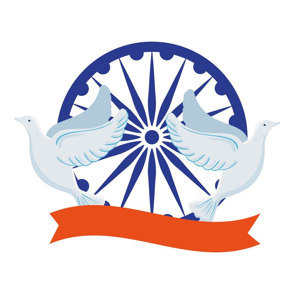 indisches Symbol des blauen Ashoka-Rades, Ashoka-Chakra mit fliegenden Tauben und Band vektor