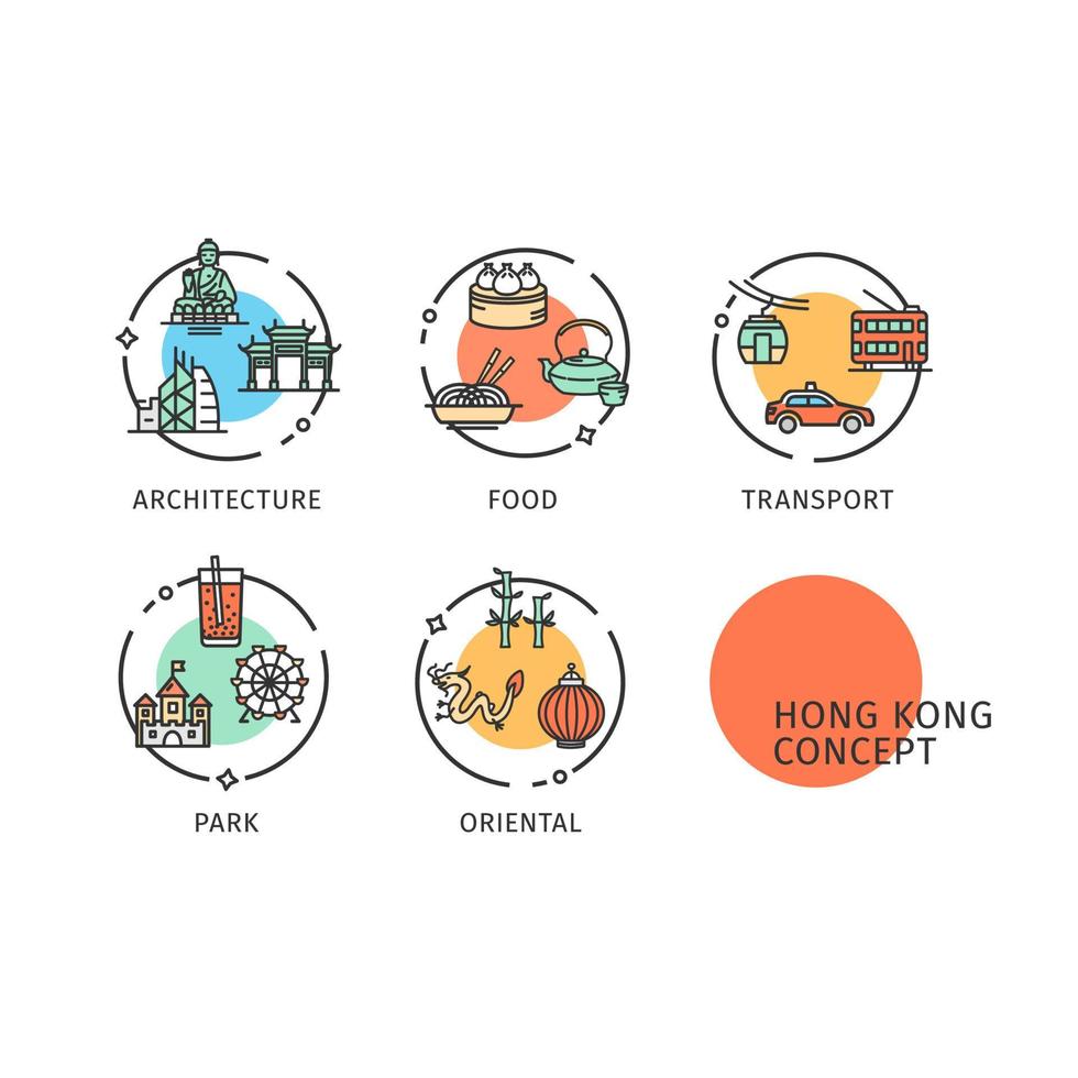 hong kong reise- und tourismuskonzept dünne linie symbole etiketten gesetzt. Vektor