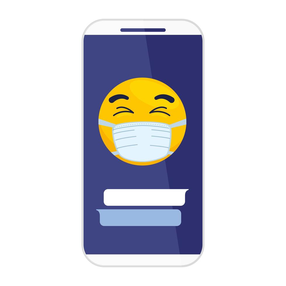Smartphone und Emoji mit geschlossenen Augen tragen medizinische Maske auf weißem Hintergrund vektor