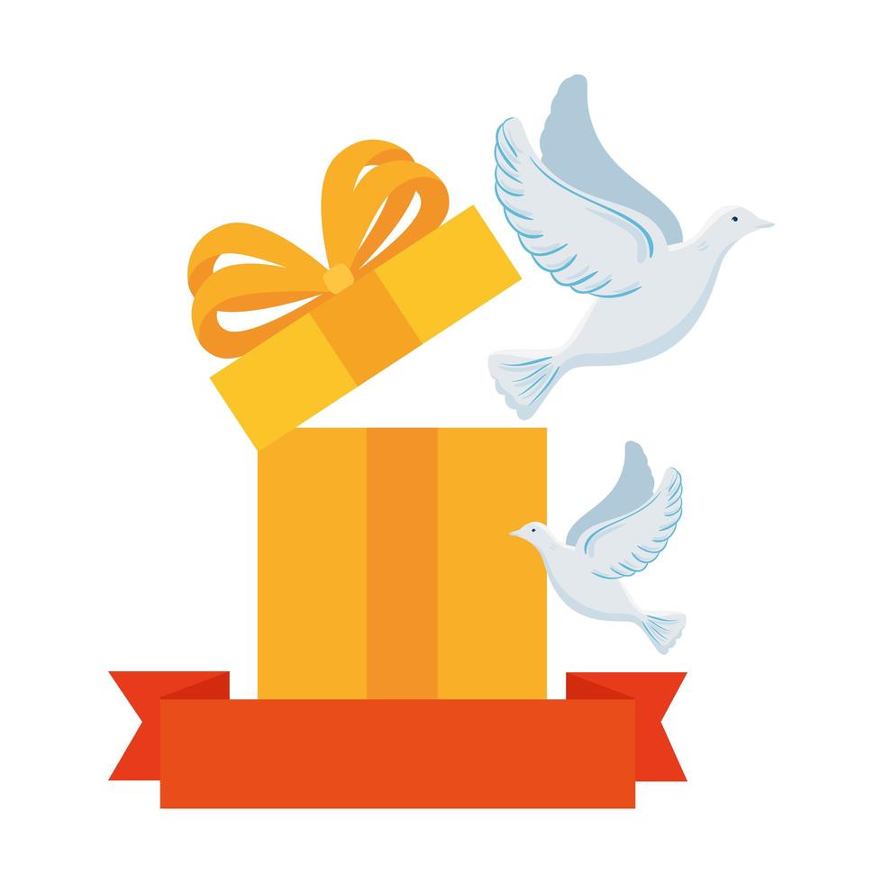 weiße Tauben mit Geschenkbox und Band auf weißem Hintergrund vektor