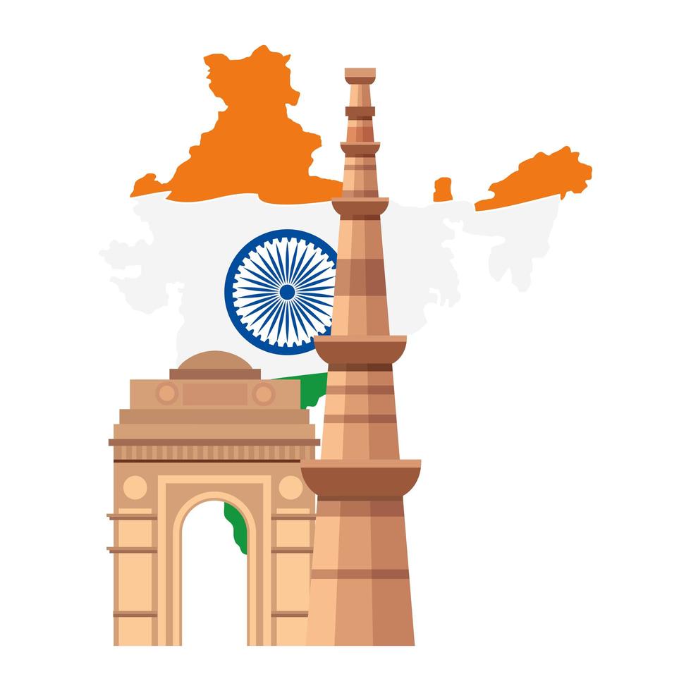 Das berühmte Denkmal des Qutub Minar mit dem indischen Tor und dem indischen Symbol des blauen Ashoka-Rads vektor