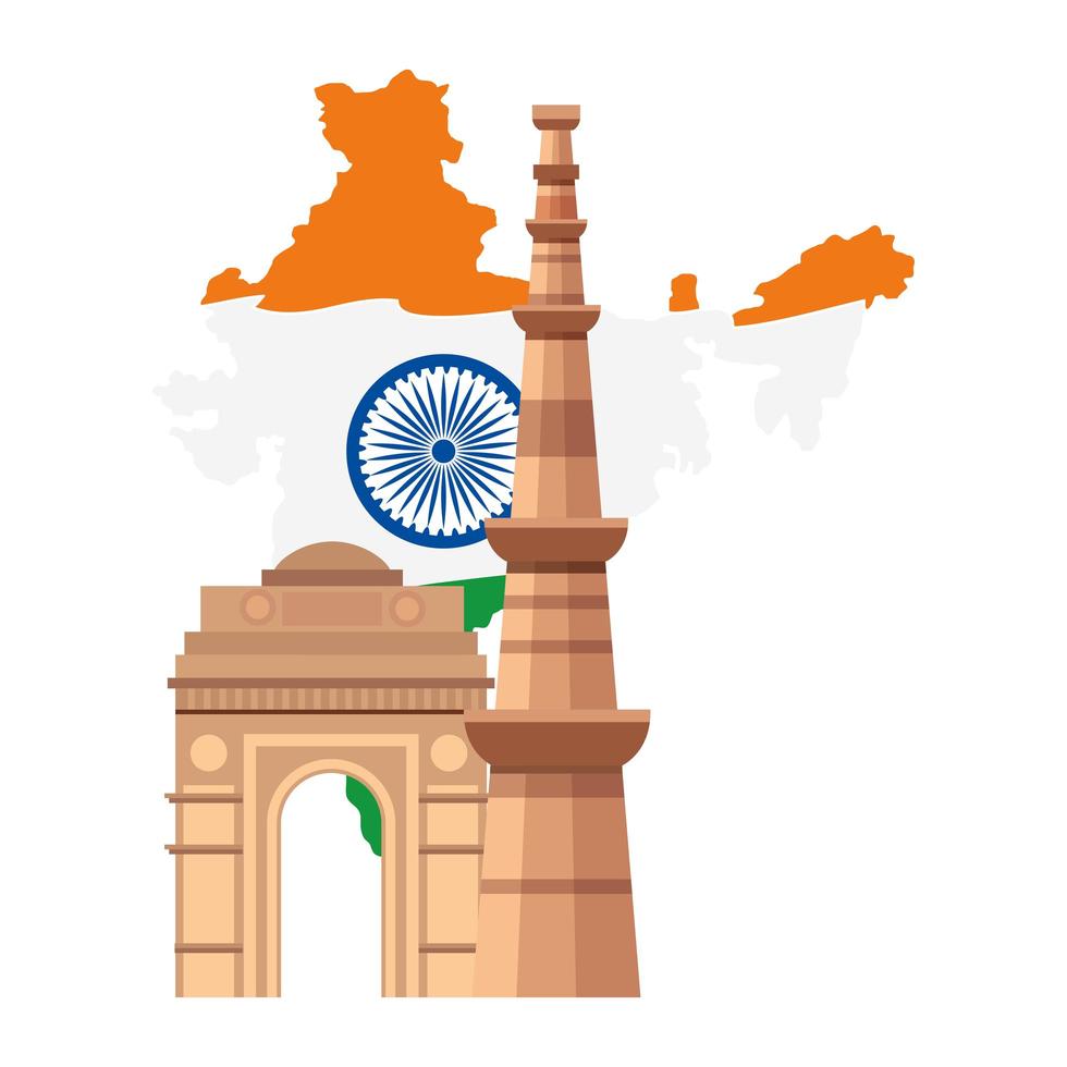 qutub minar berömda monument med india gate och blå Ashoka hjul indisk symbol vektor