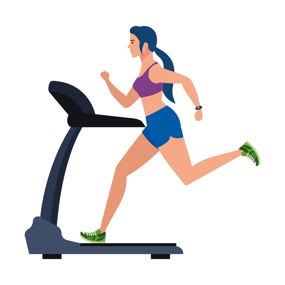 sport, kvinna som kör på löpband, sportperson vid den elektriska träningsmaskinen på vit bakgrund vektor