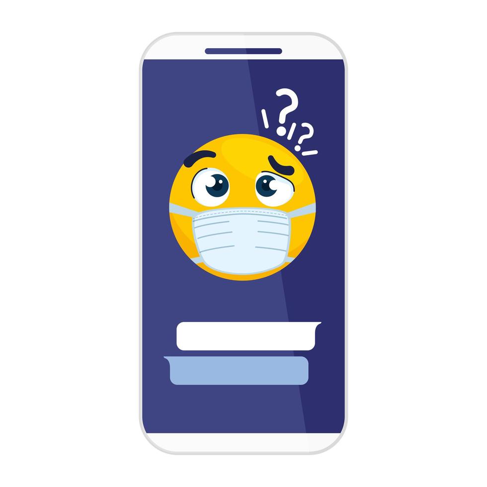 smartphone med emoji tankeväckande bärande medicinsk mask på vit bakgrund vektor