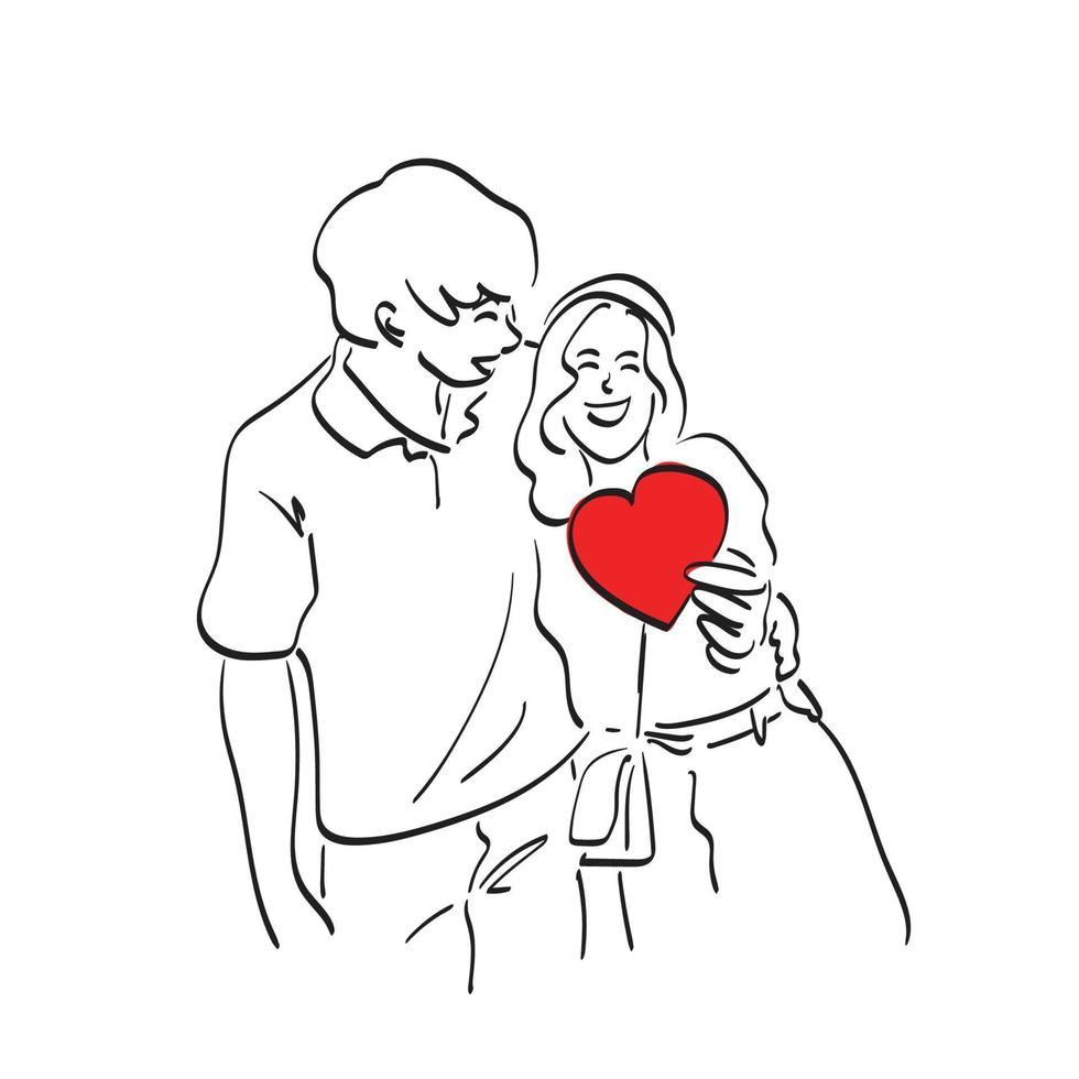 linje konst älskande innehav röd hjärta illustration vektor hand dragen isolerat på vit bakgrund