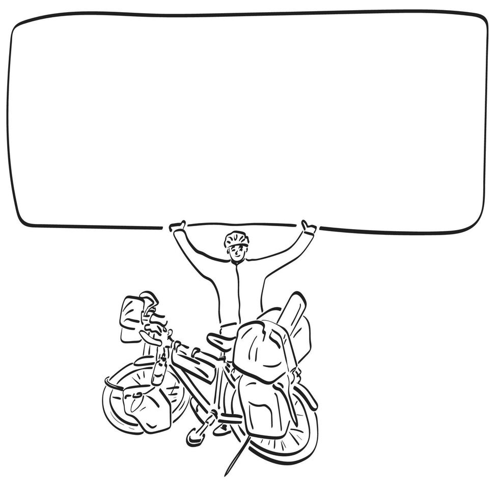 männlicher reisender der strichzeichnungskunst mit seinem fahrrad, das die leere raumillustrationsvektorhand gezeichnet lokalisiert auf weißem hintergrund hält vektor