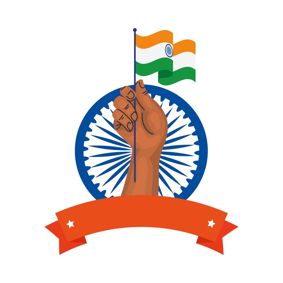 Hand mit indischer Flagge und blauem indischen Symbol des Ashoka-Rades auf weißem Hintergrund vektor