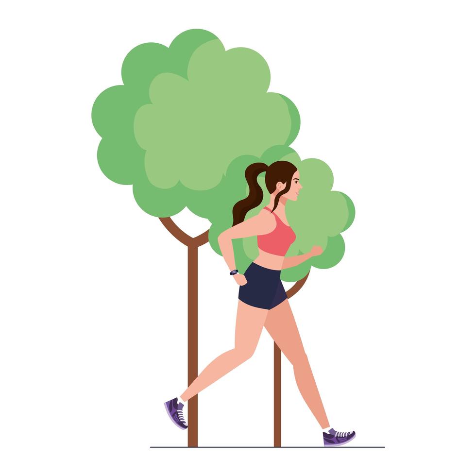 Frau läuft in der Natur, Frau in Sportbekleidung, die mit Baumpflanze auf weißem Hintergrund joggt vektor