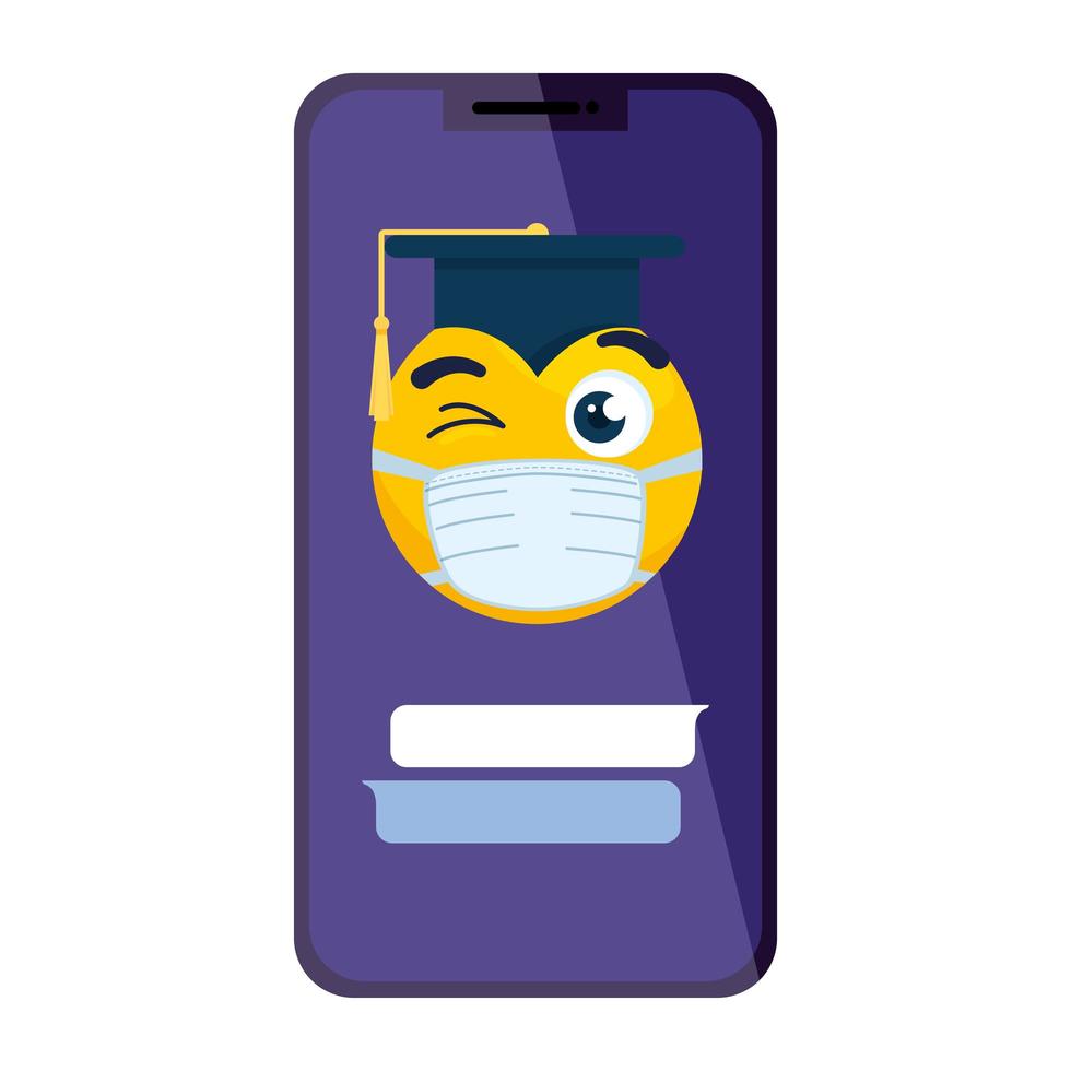 smartphone och emoji med hatt examen bär medicinsk mask på vit bakgrund vektor