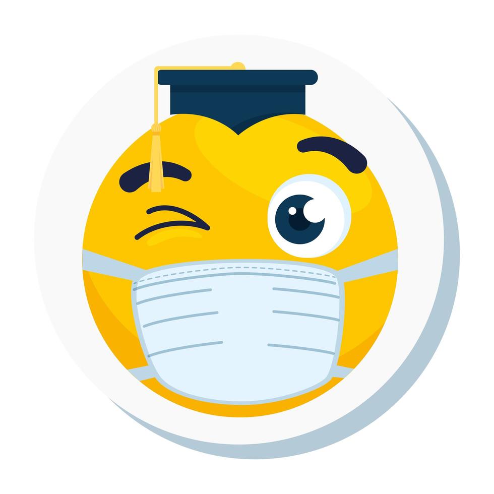 emoji med hatt examen bär medicinsk mask, gult ansikte med hatt examen bär vit kirurgisk mask ikon vektor