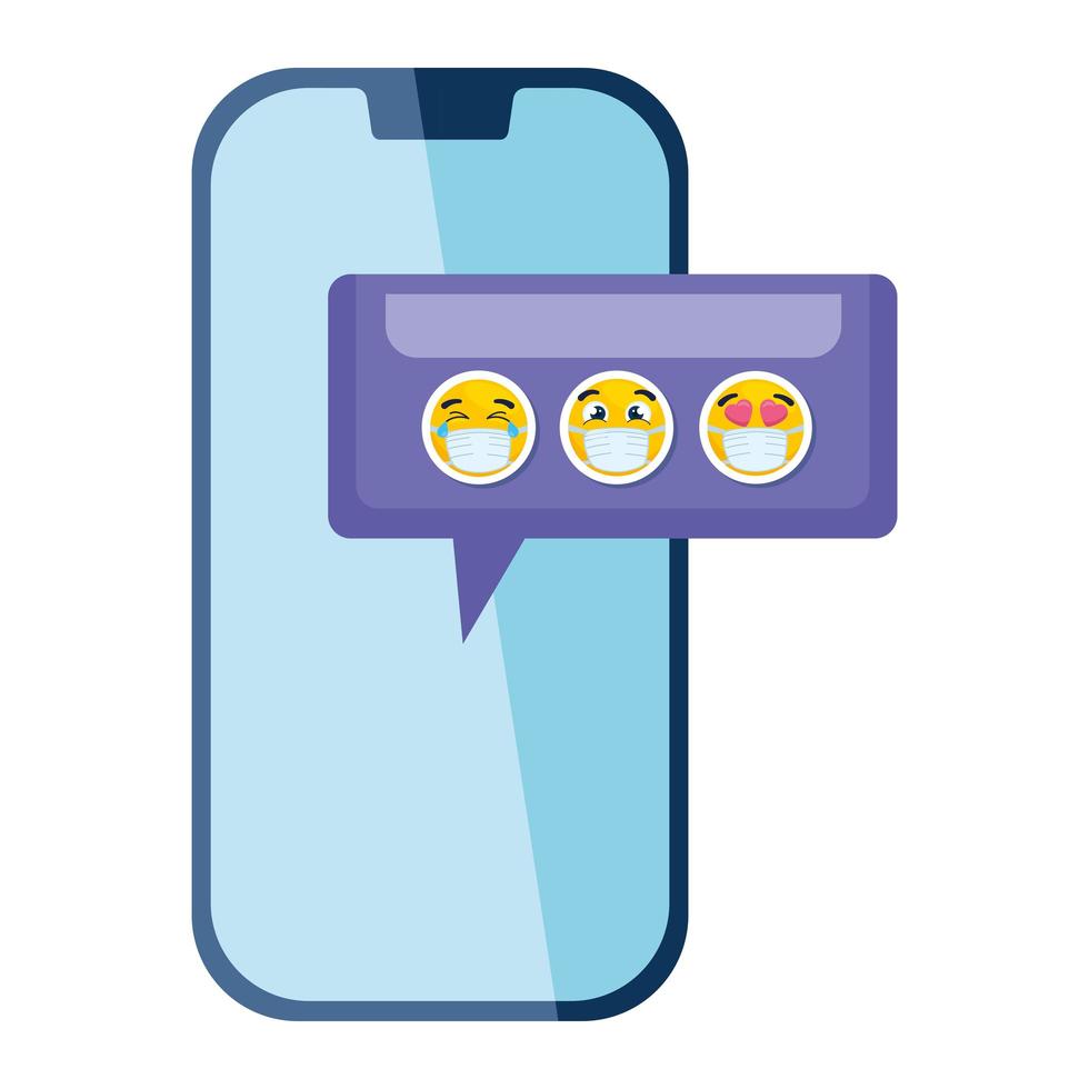 smartphone med emojis som bär medicinsk mask på vit bakgrund vektor