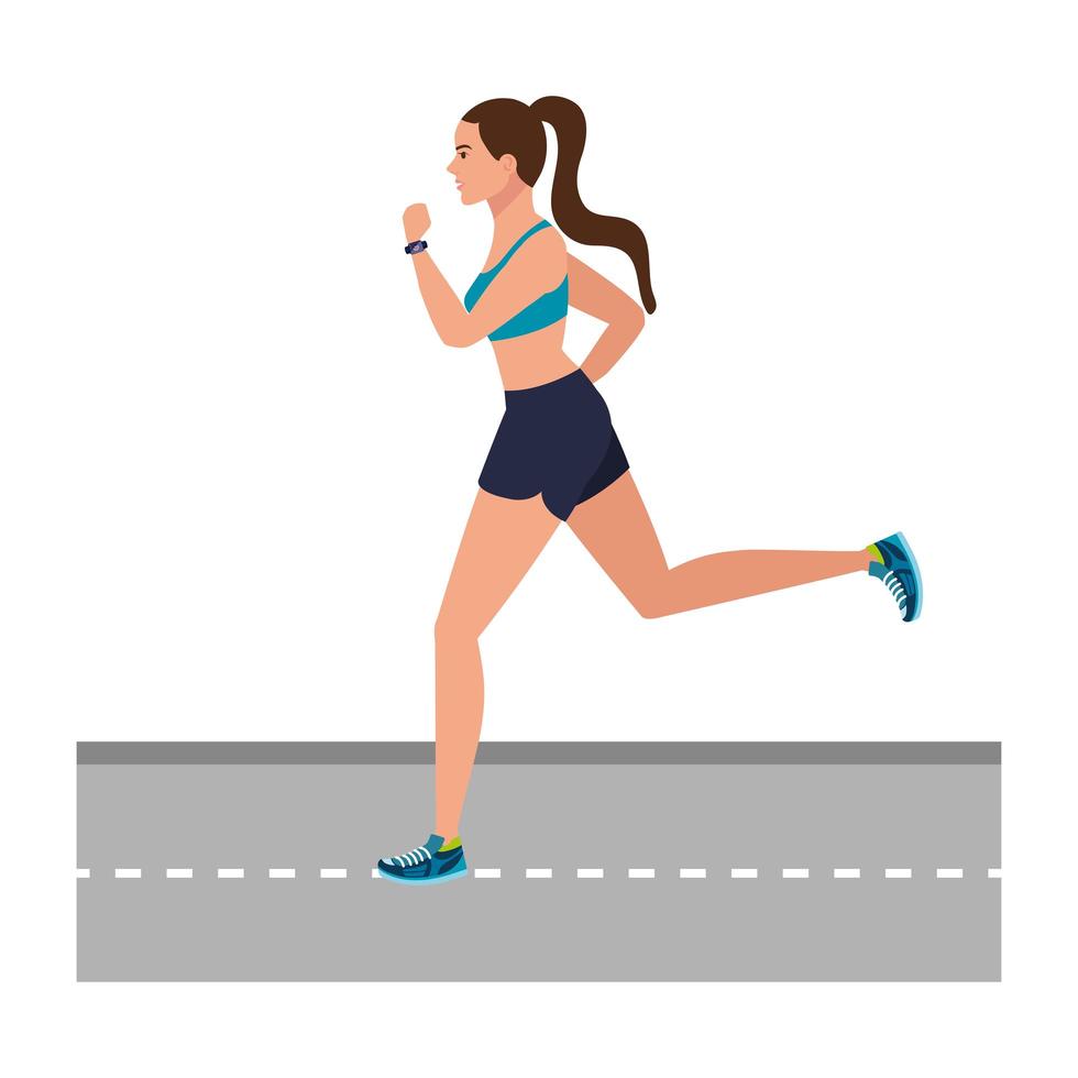 kvinna som kör på motorvägen, kvinna i sportkläder som joggar, kvinnlig idrottsman på vit bakgrund vektor