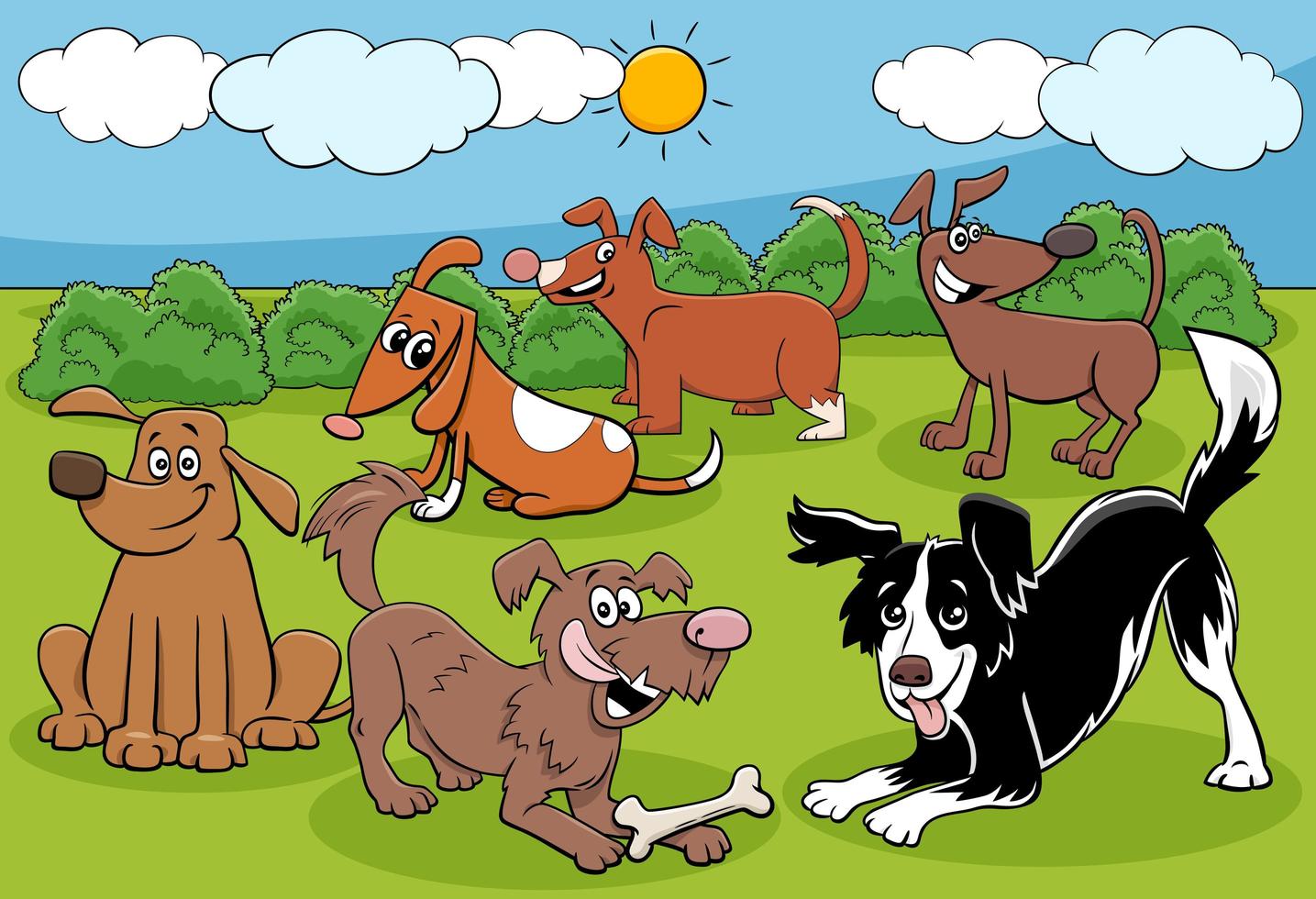 Comic-Hunde eine Welpenfigurengruppe vektor