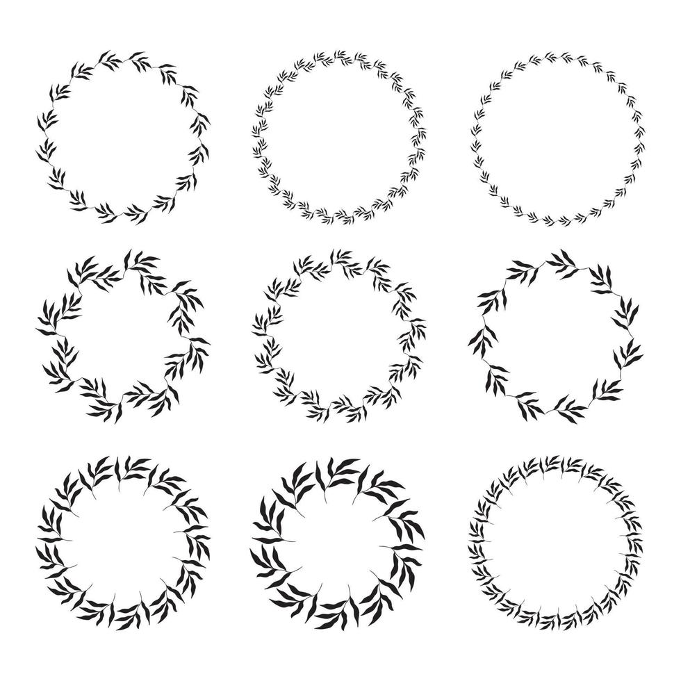 illustration av samling av diverse cirkelformade svarta ramar gjorda av växter på vit isolerad bakgrund vektor