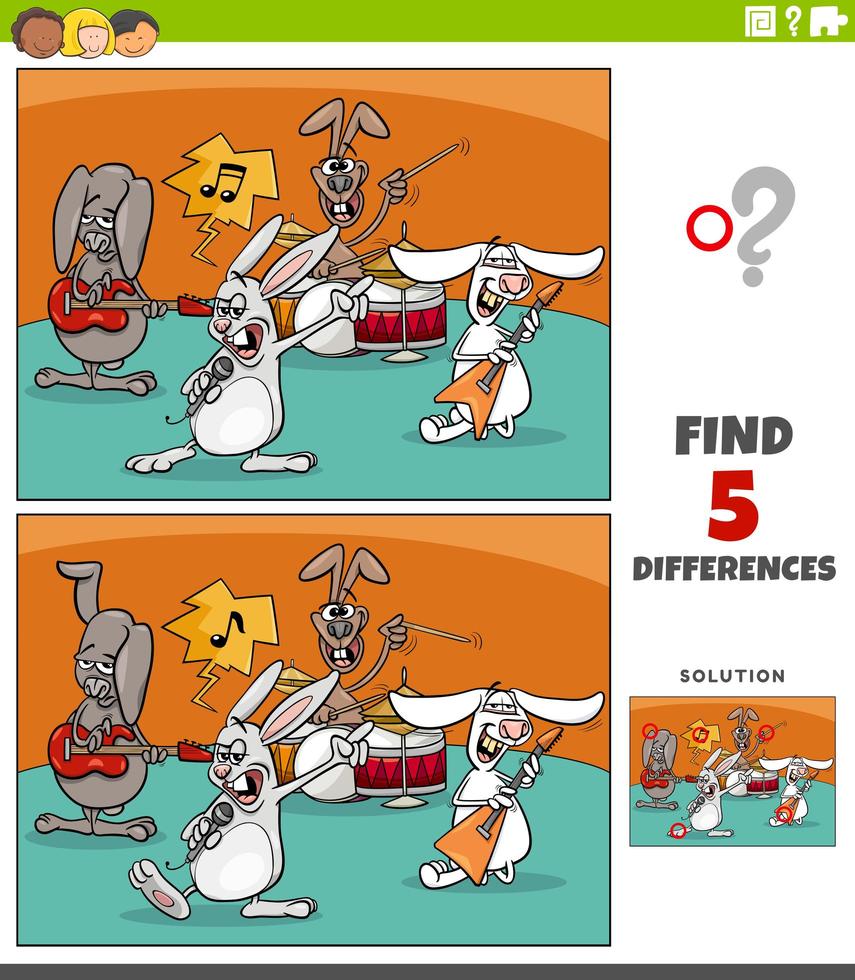 Unterschiede pädagogische Aufgabe für Kinder mit Cartoon Kaninchen Rockmusik Band vektor