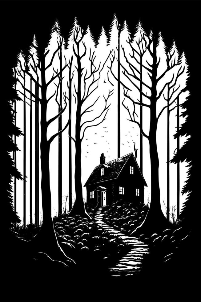 svart och vit vektor skiss illustration av små hus i de mörk skog