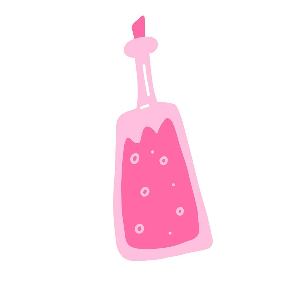 rosa Flasche magisches Elixier oder Trank, flache Vektorillustration der Karikatur lokalisiert auf weißem Hintergrund. traditionelles halloween-hexenelement. Konzepte der Alchemie und Hexerei. vektor