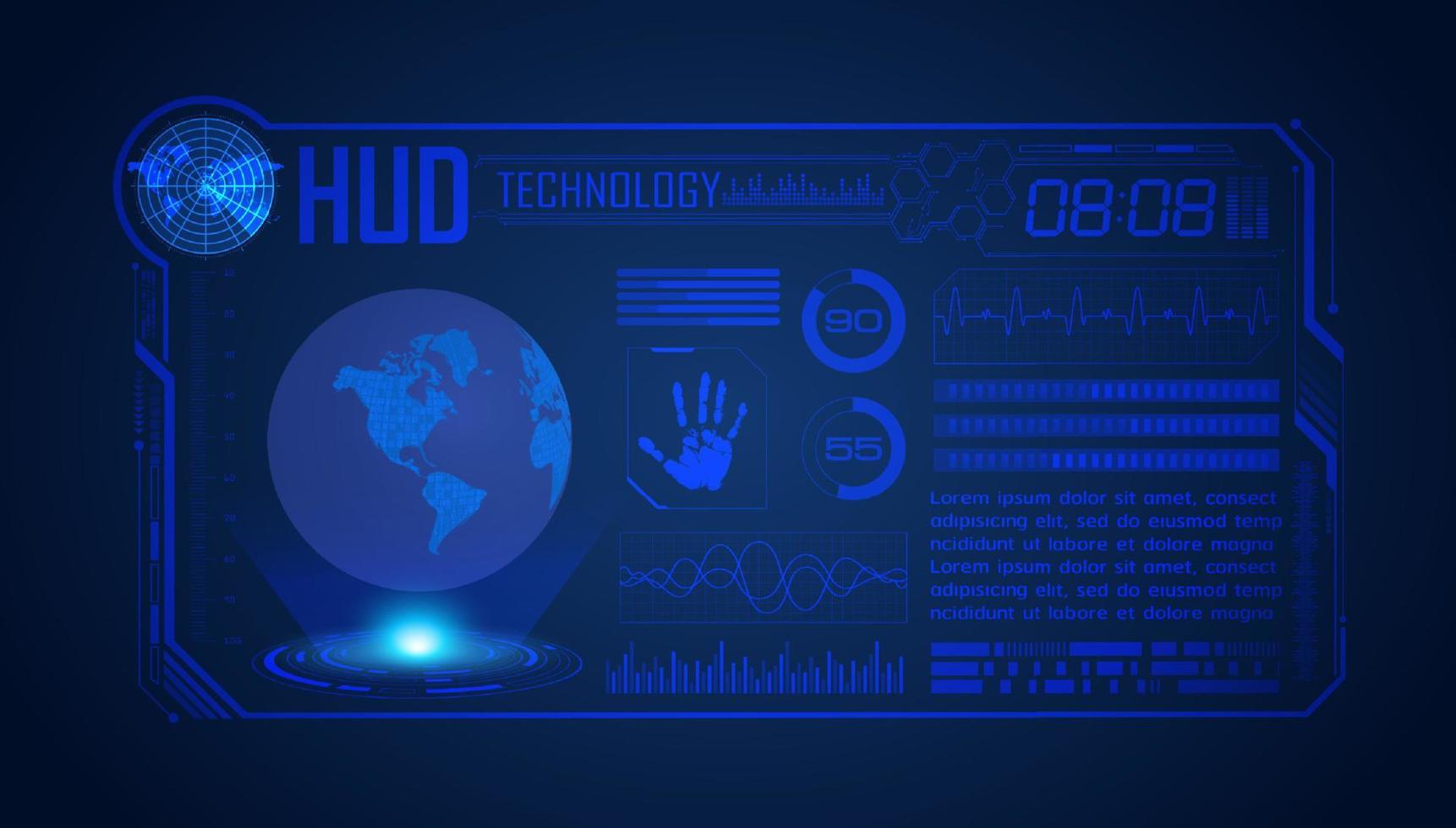 blauer moderner hud-technologie-bildschirmhintergrund mit globus vektor