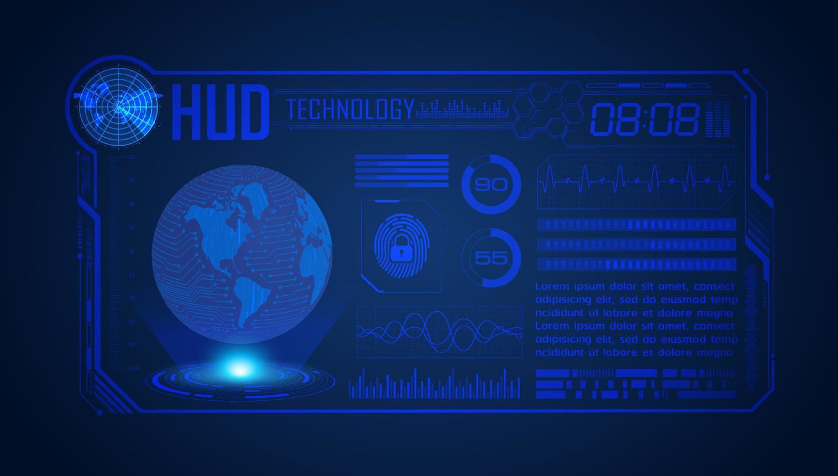 blauer moderner hud-technologie-bildschirmhintergrund mit globus vektor