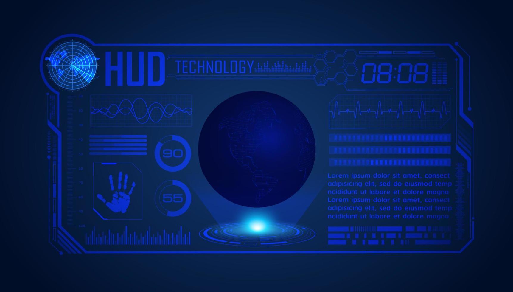 blauer moderner hud-technologie-bildschirmhintergrund mit globus vektor