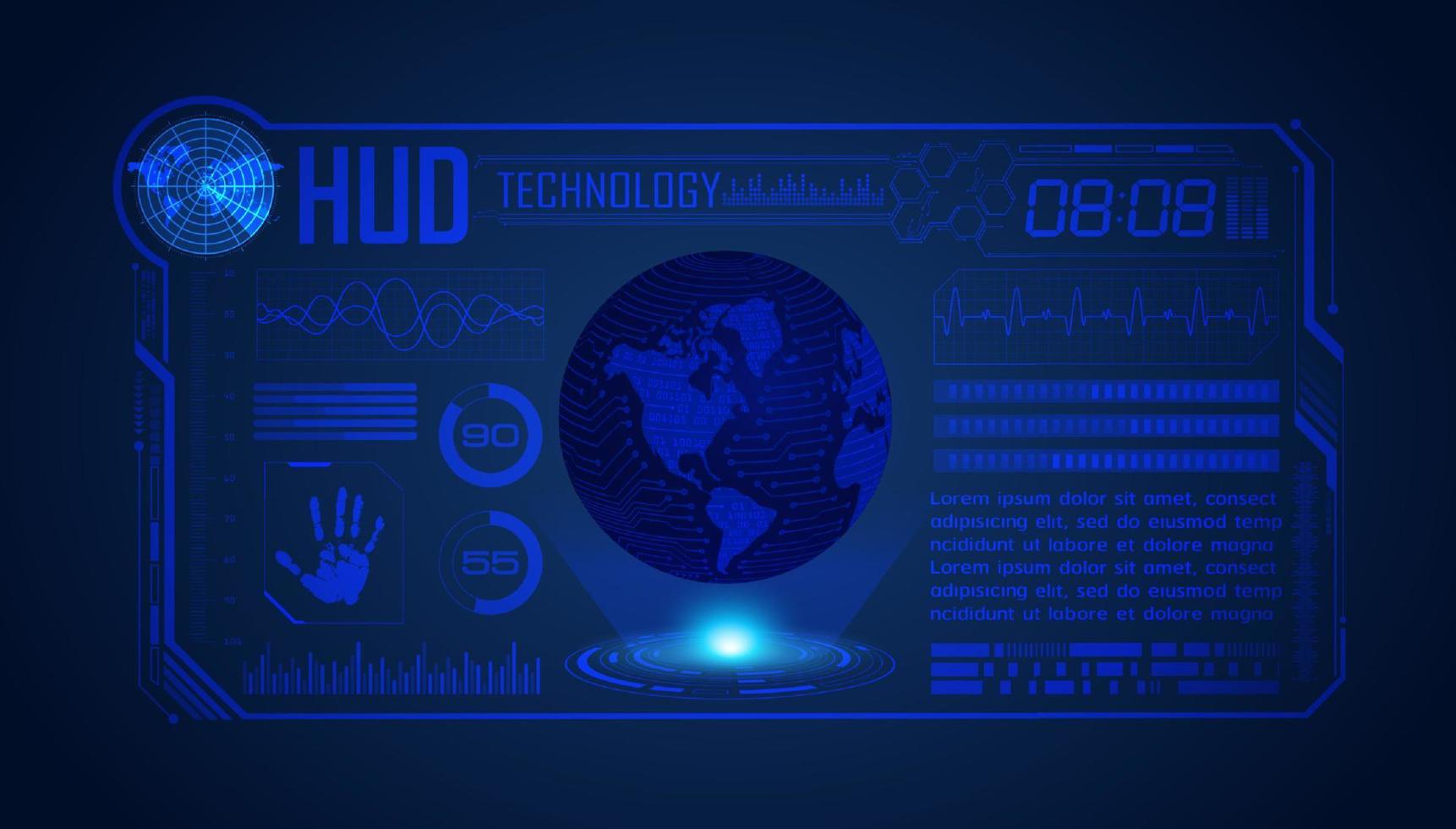 blauer moderner hud-technologie-bildschirmhintergrund mit globus vektor