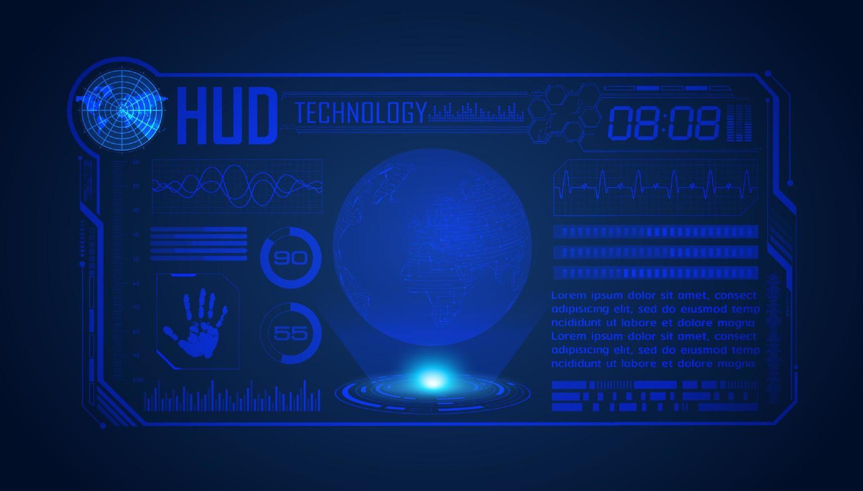 blauer moderner hud-technologie-bildschirmhintergrund mit globus vektor