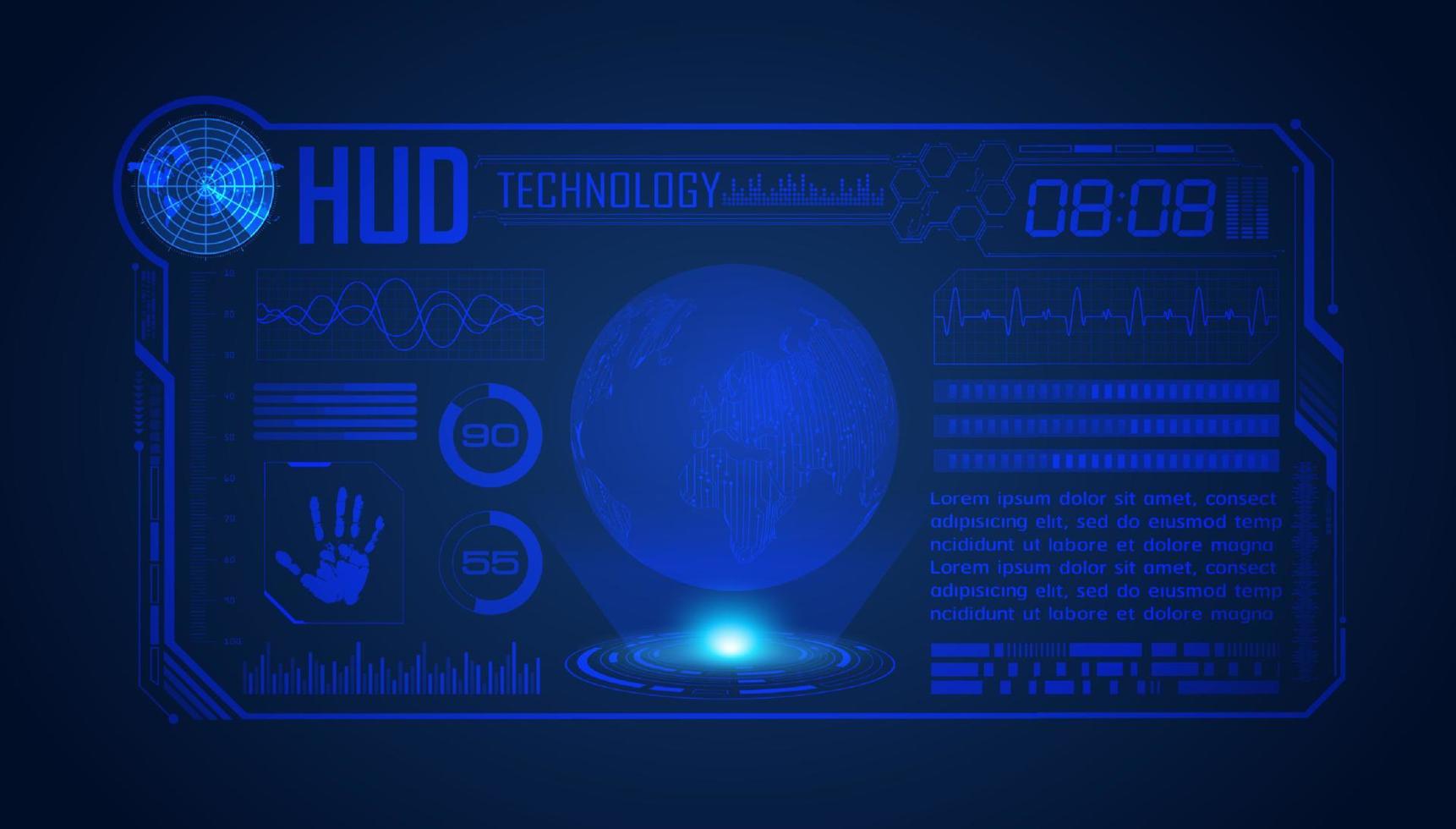 blauer moderner hud-technologie-bildschirmhintergrund mit globus vektor