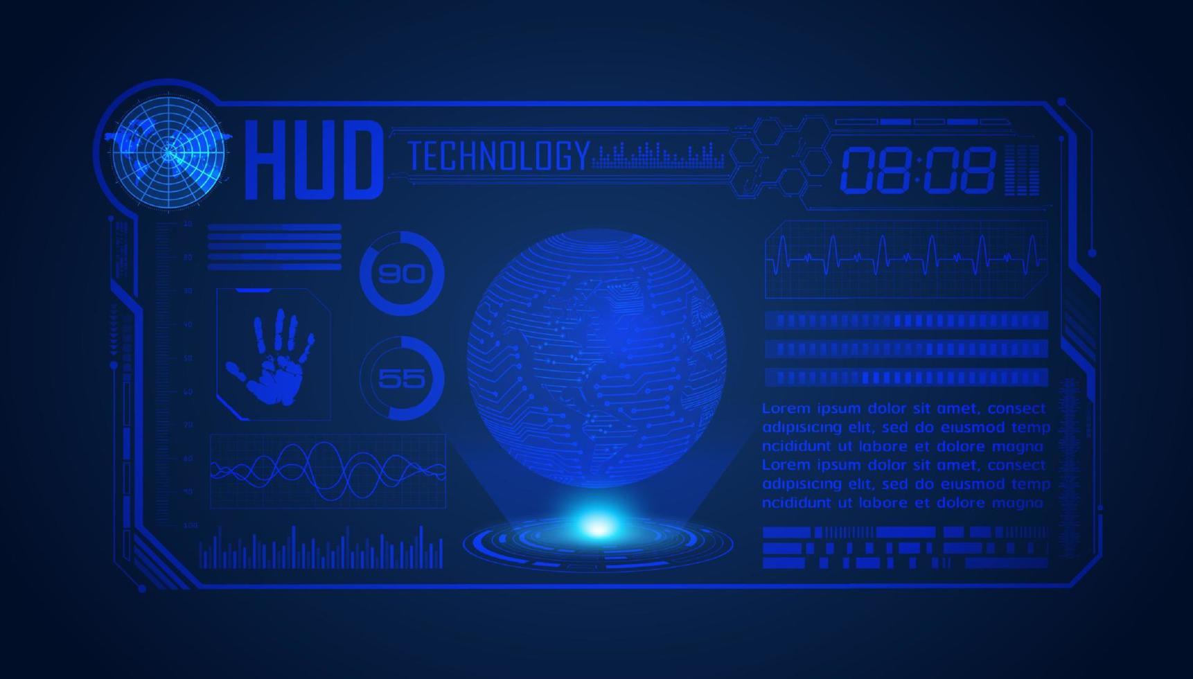 blauer moderner hud-technologie-bildschirmhintergrund mit globus vektor