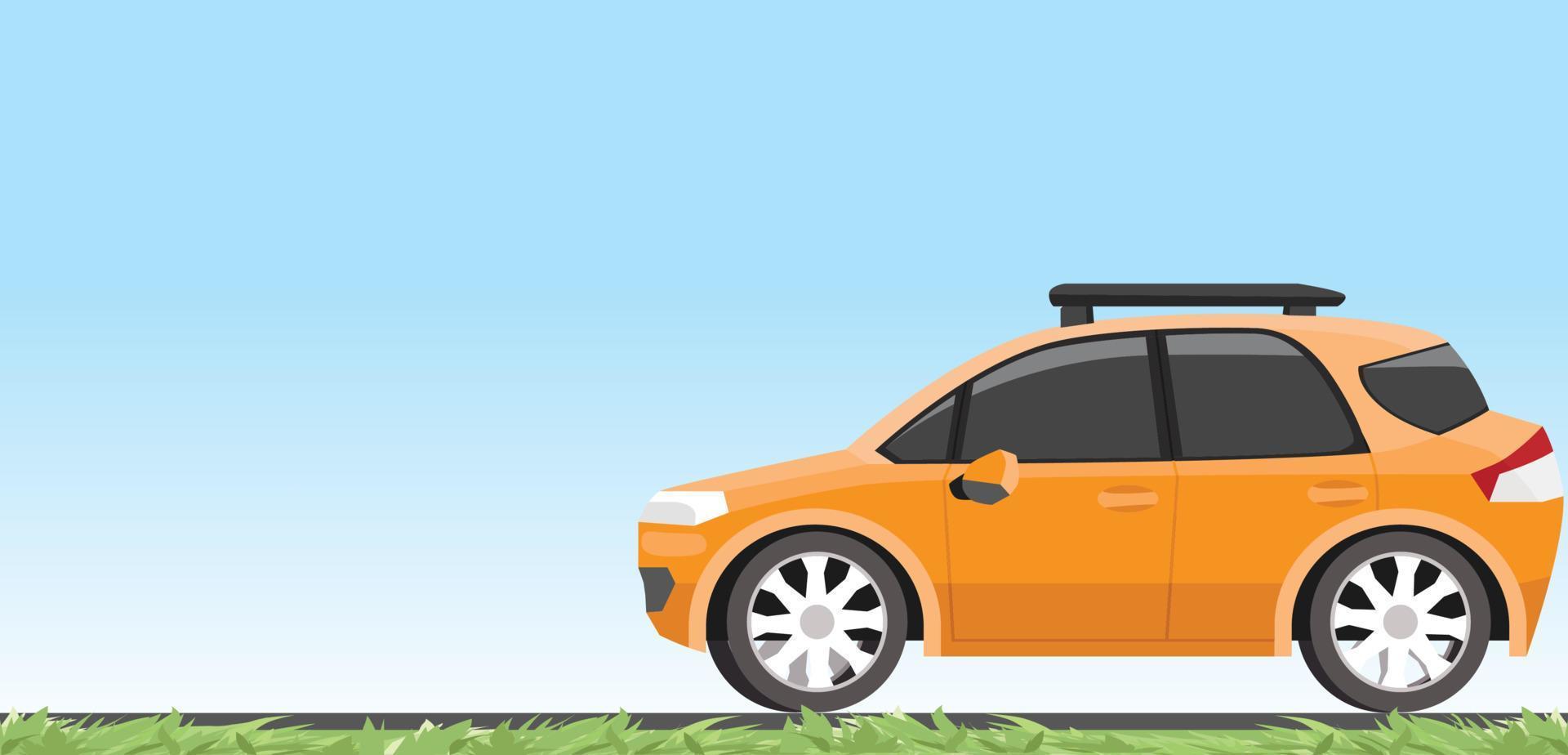 Seitenansicht des orangefarbenen Reisefahrzeugs mit angebrachtem Dachgepäckträger. auf der asphaltstraße mit grünem grasblatt. und frei vom Himmel als Hintergrund. vektor