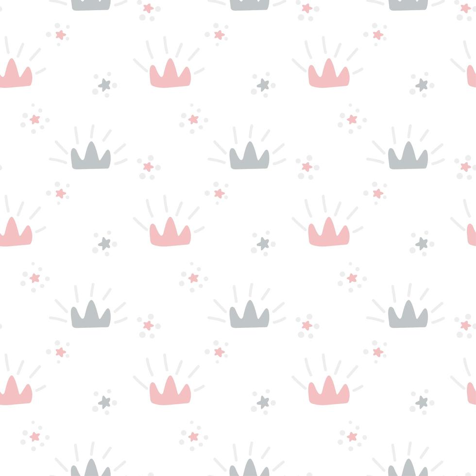 Vektor nahtloses Retro-Muster mit rosa und grauen Kronen. skandinavischer Stil lokalisiert auf weißem Hintergrund für Kinder. handgezeichnete Karikaturillustration für Plakate, Drucke, Karten, Stoff, Kinderbücher