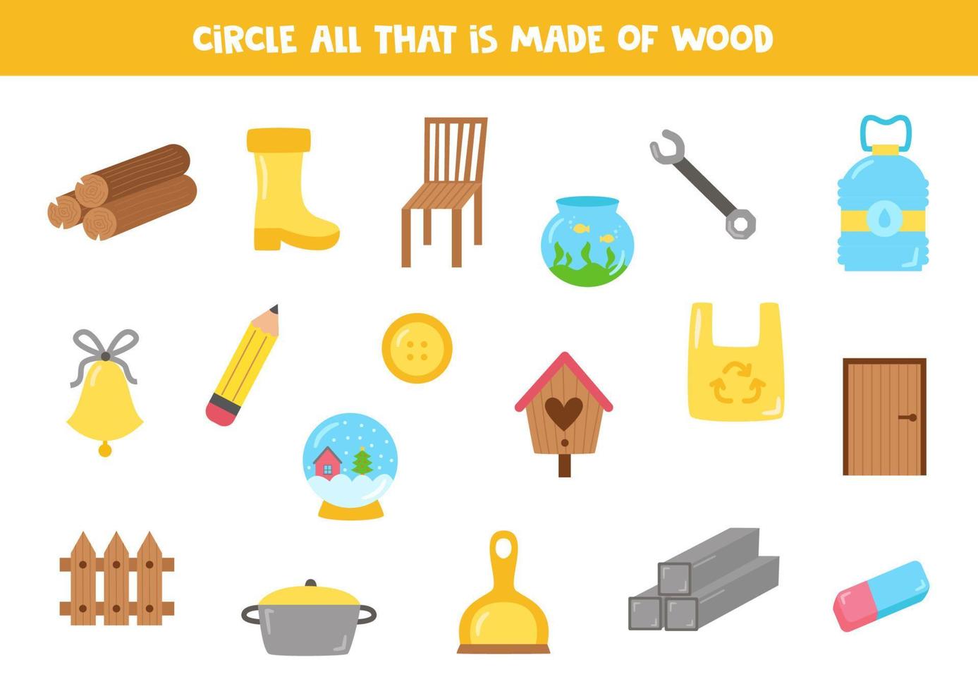 Finde und kreise alle Gegenstände ein, die aus Holz sind. Logikspiel für Kinder. vektor