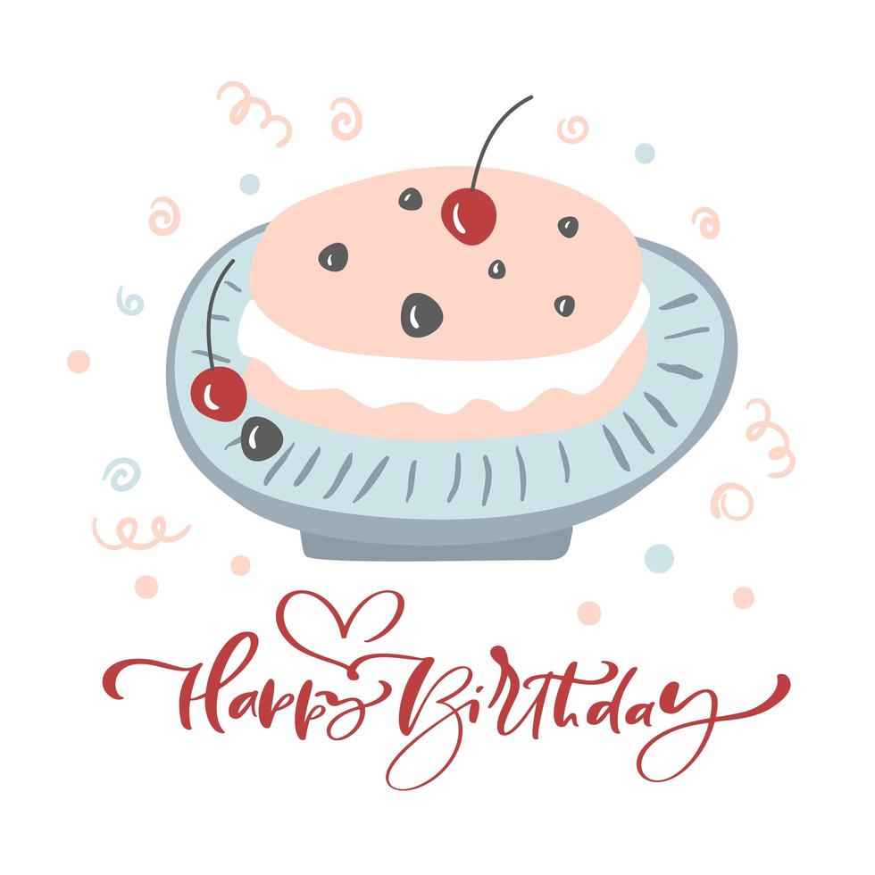 Grattis på födelsedagen kalligrafiska bokstäver vektor text med rosa tårta. glädje och roliga festliga vykort dekorerade muffins. komiska gratulationskort, affisch, banner, webbdesign och tryck på t-shirt