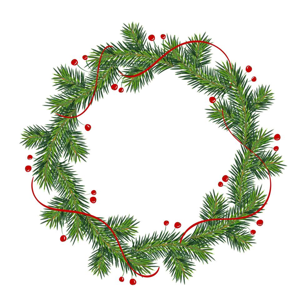 Neujahr und Weihnachtskranz. Wintergirlande mit roten Stechpalmenbeeren auf grünen Zweigen, lokalisiert auf weißem Hintergrund. Grußkarte. glückliches Weihnachtsvektor-Retro-Feiertagsdesign vektor