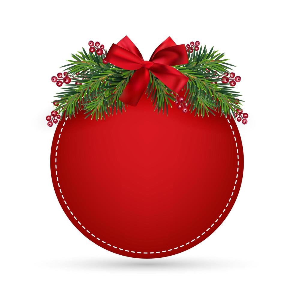 Weihnachtsdesign, realistischer roter Rahmen mit Schleife. Neujahrsbaumschmuck und Zweige mit Beeren. Vektorillustration, lokalisiert auf Weiß vektor
