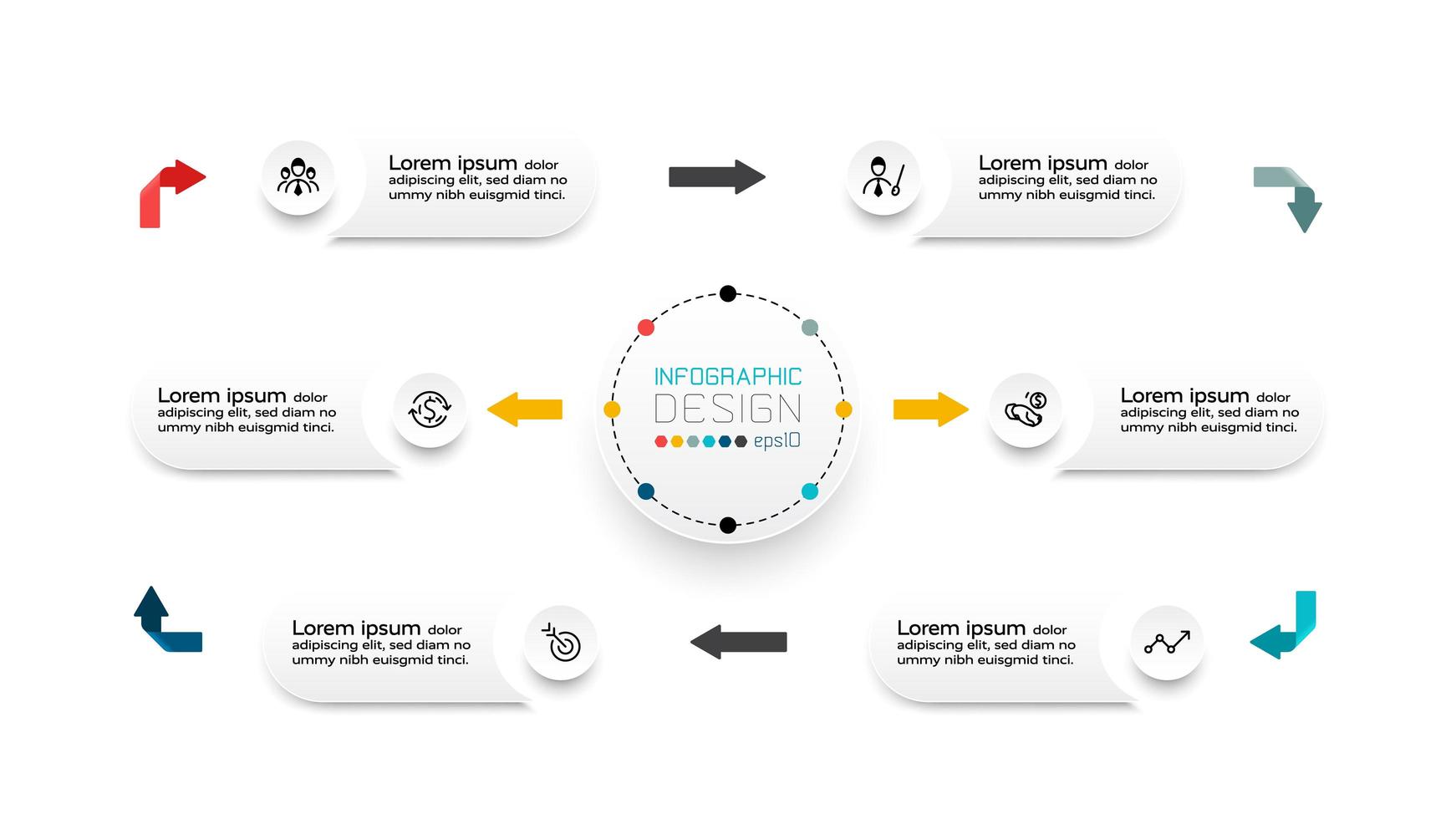 Zirkuläre Organisation mit Ergebnissen in einem Diagramm, das den Arbeitsprozess der Organisation, des Unternehmens oder des Marketings beschreibt. Infografik. vektor