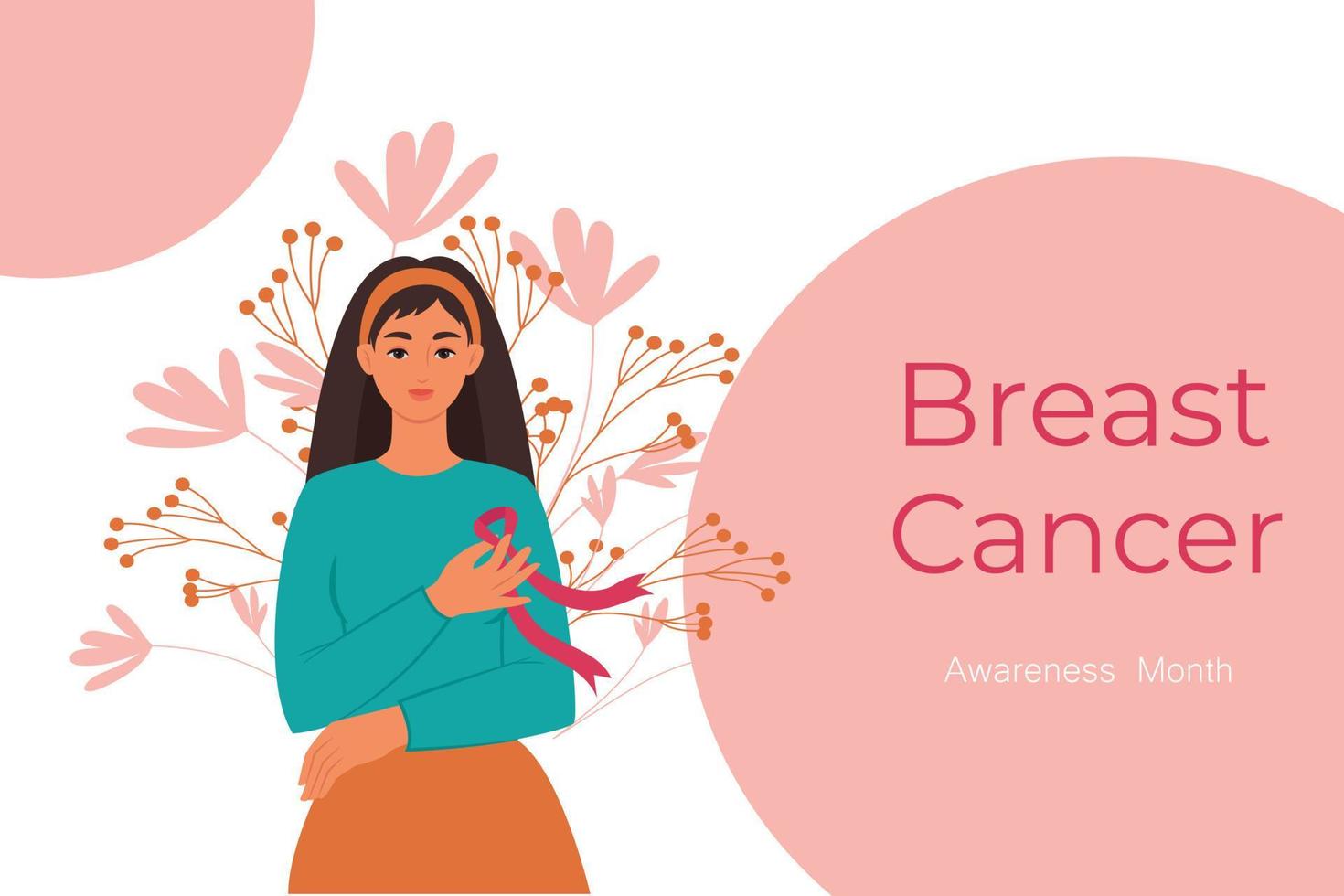 Eine Frau mit einer rosa Schleife auf der Brust ist ein Symbol für den Kampf gegen Brustkrebs. Krebspräventionskonzept. flache vektorillustration vektor