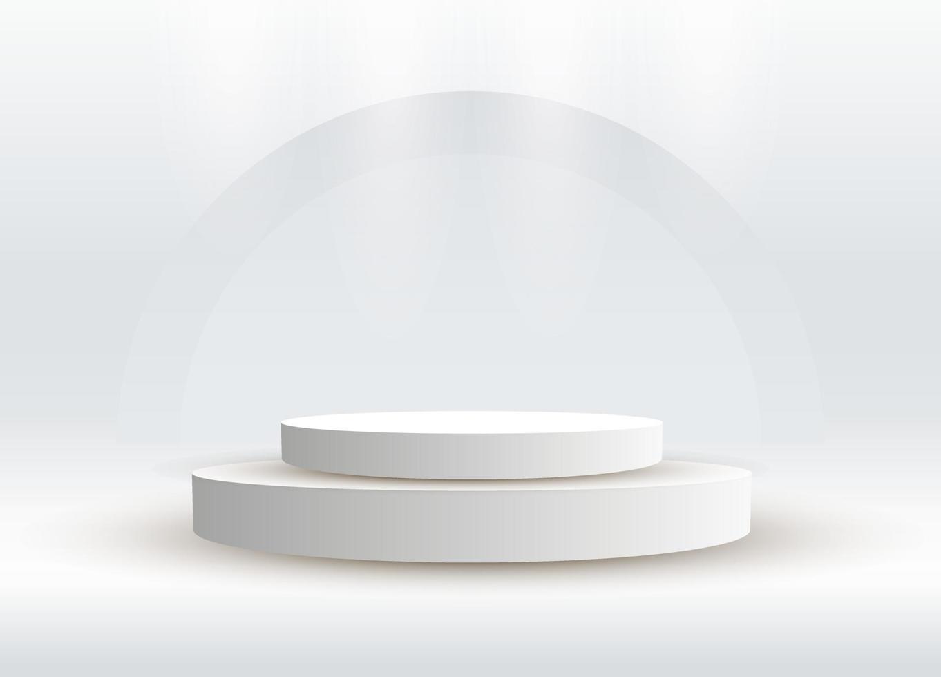 zwei abstrakte Podium Silber Zylinder Podest Bühne. ein weißes leeres bühnenkonzept mit halbkreisförmiger neonbeleuchtung vektor
