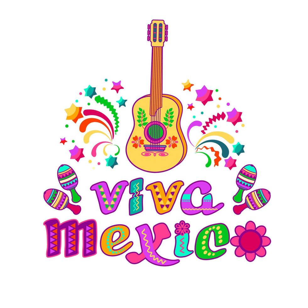 viva Mexiko, dekorerad logotyp. tecknad serie brev och gitarr, maracas. vektor. vektor