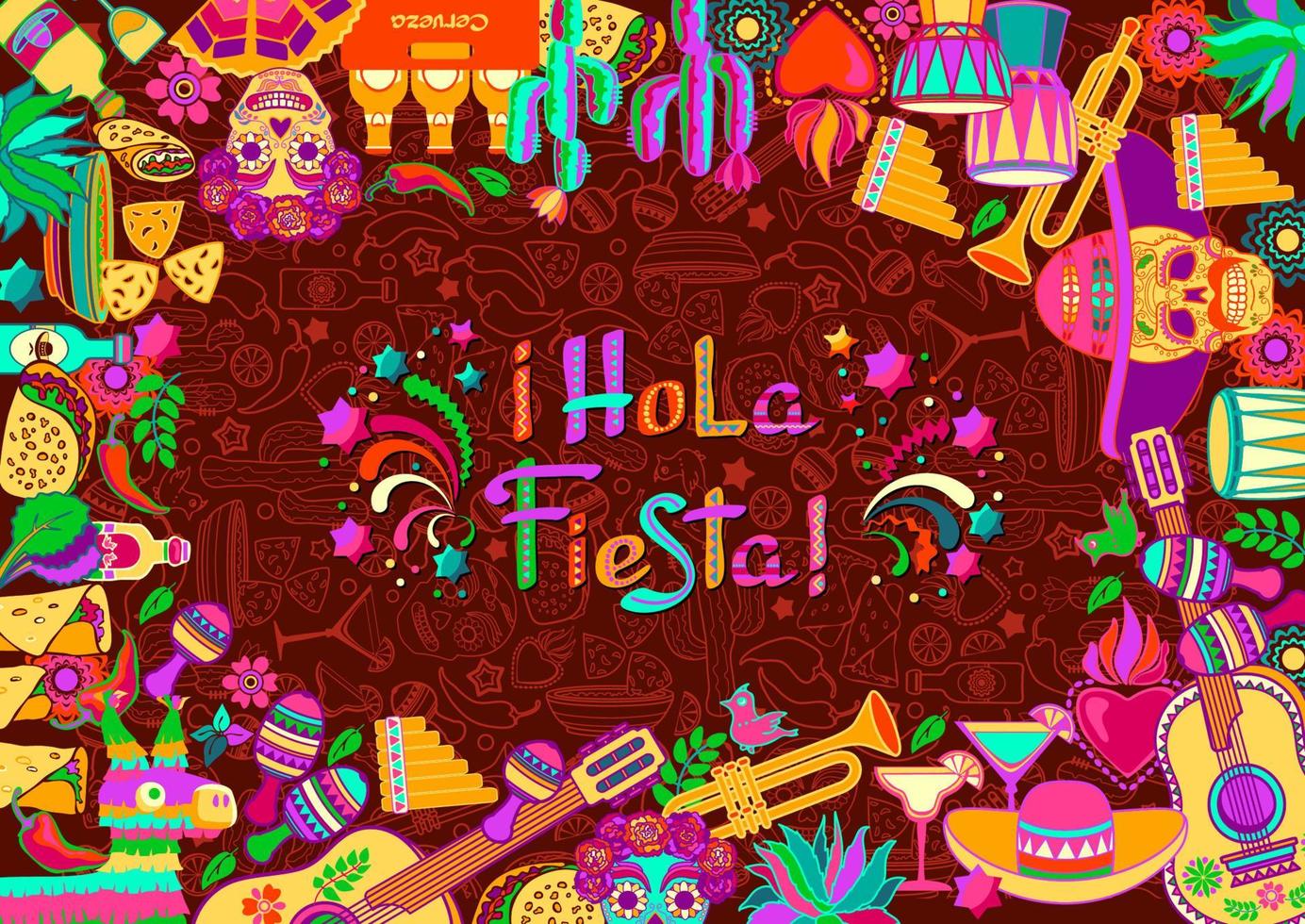 hola fiesta, verziertes logo, zeichentrickbuchstaben und symbole. Vektor-Illustration. vektor