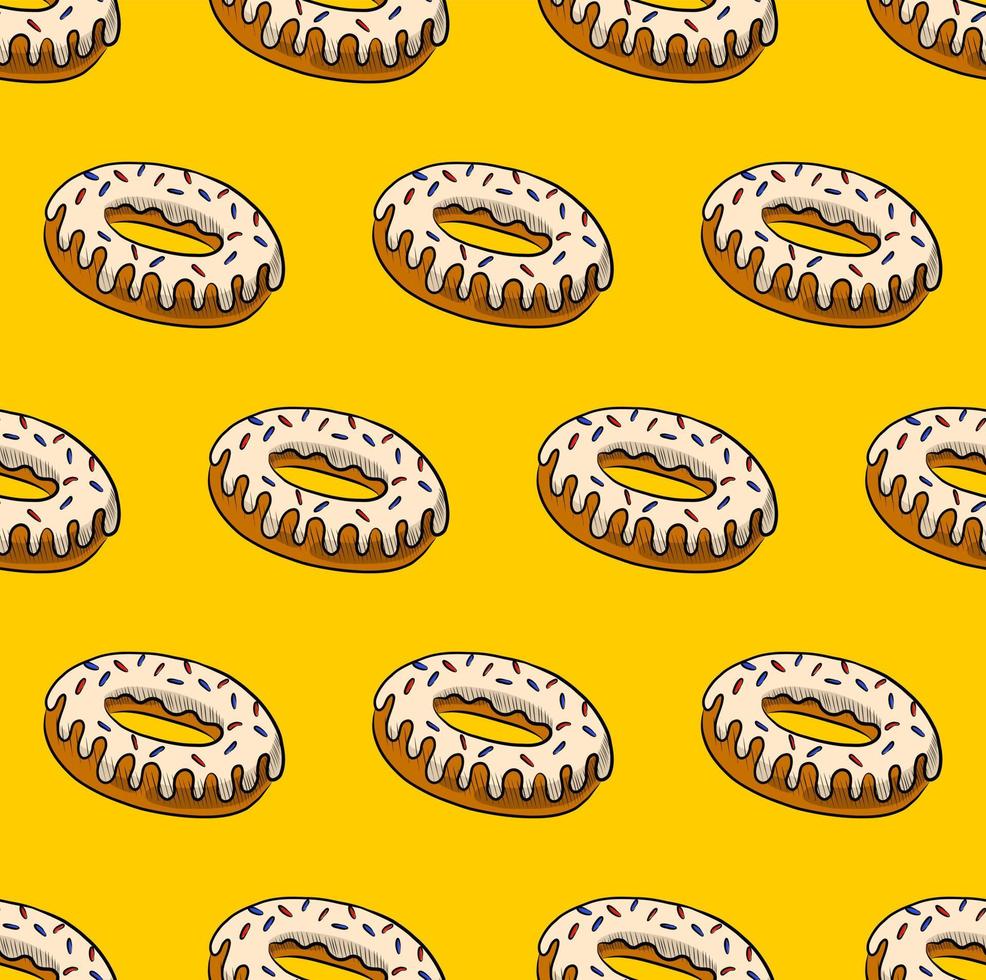 Gelber, nahtloser Vektorhintergrund mit köstlichen Donuts mit weißem Fudge vektor