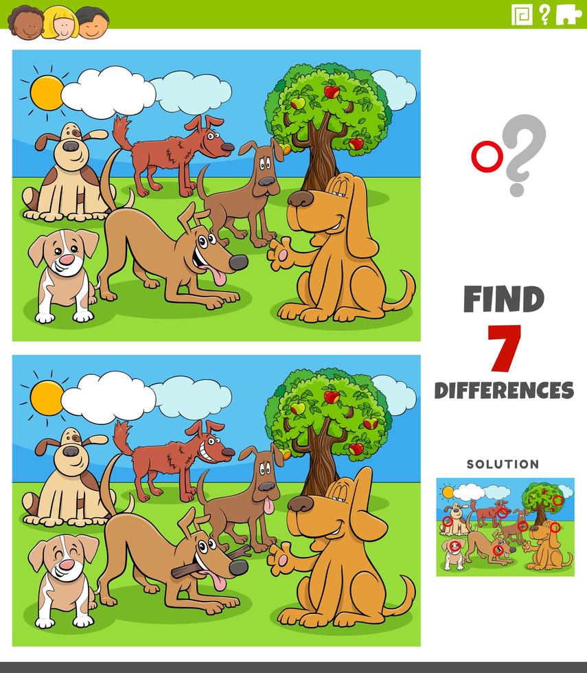 Unterschiede Lernspiel mit Cartoon Hunde Gruppe vektor