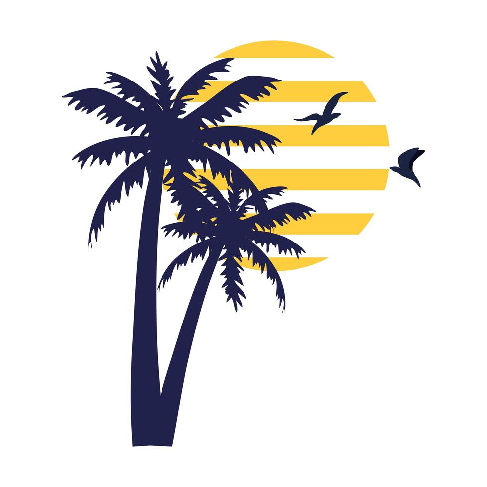 tropisk palm silhuett med fåglar som flyger på vit bakgrund vektor