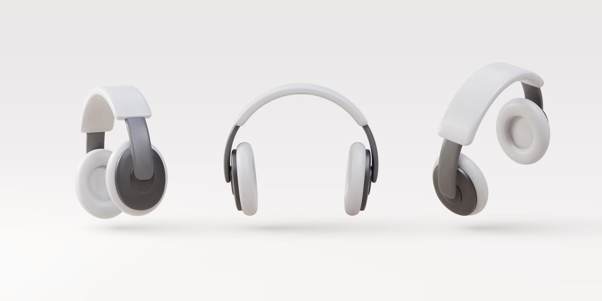 3D-Set weiße realistische Kopfhörer isoliert auf weißem Hintergrund. Technologie für Musikgeräte. Vektor-Illustration. vektor
