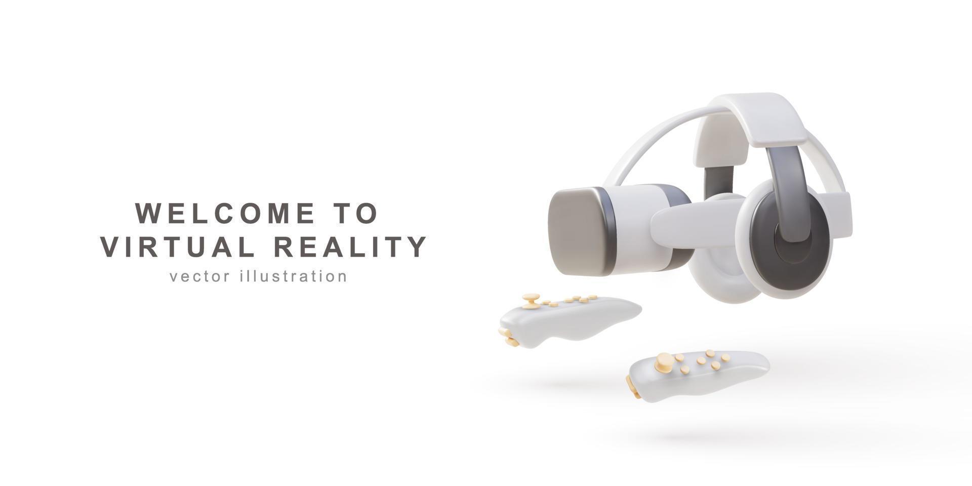 3d vit virtuell verklighet glasögon, hörlurar och gaming kontroller. trogen realistisk 3d kreativ begrepp design. modern teknologisk enheter. spel element. vektor illustration.