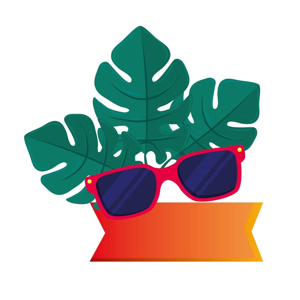 Sonnenbrillenzubehör mit Etikett und tropischen Blättern auf weißem Hintergrund vektor